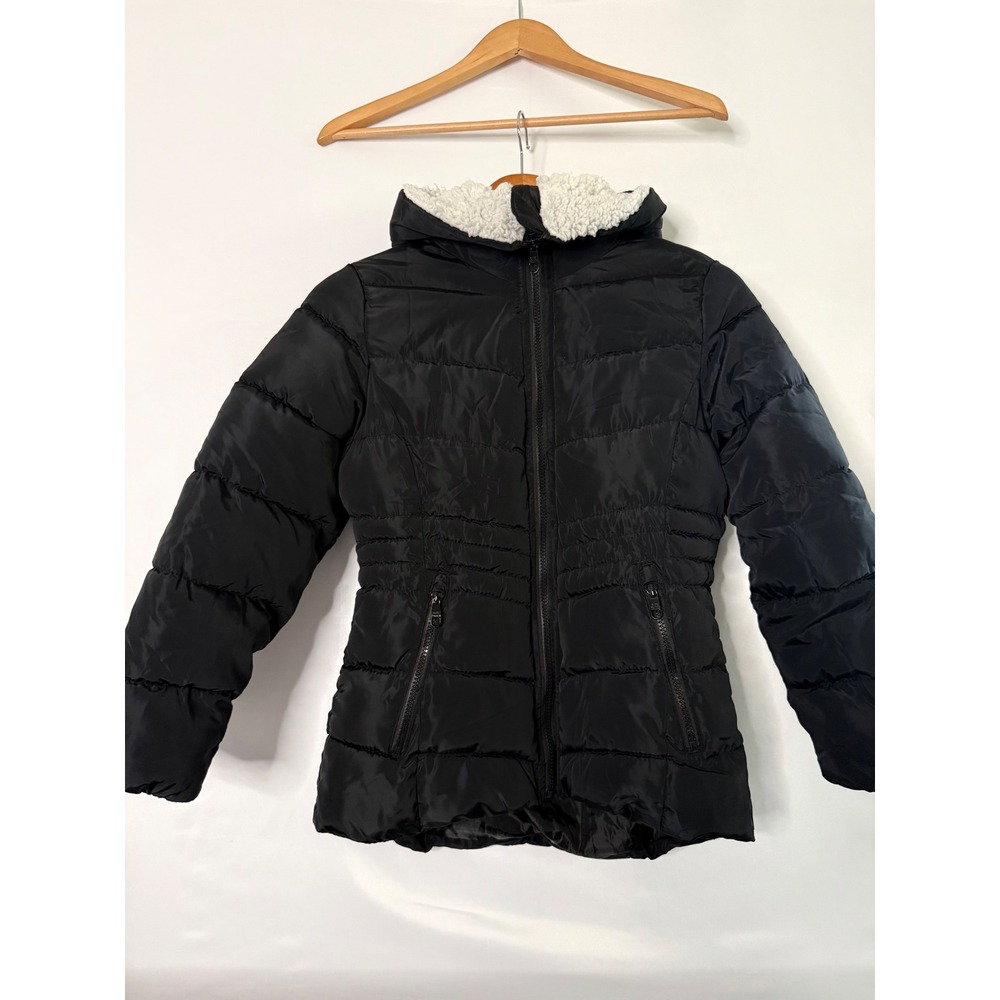 Steve Madden Kids Black Hooded Puffer Jacket Sherpa Lined hood Size M 10/12 EUC